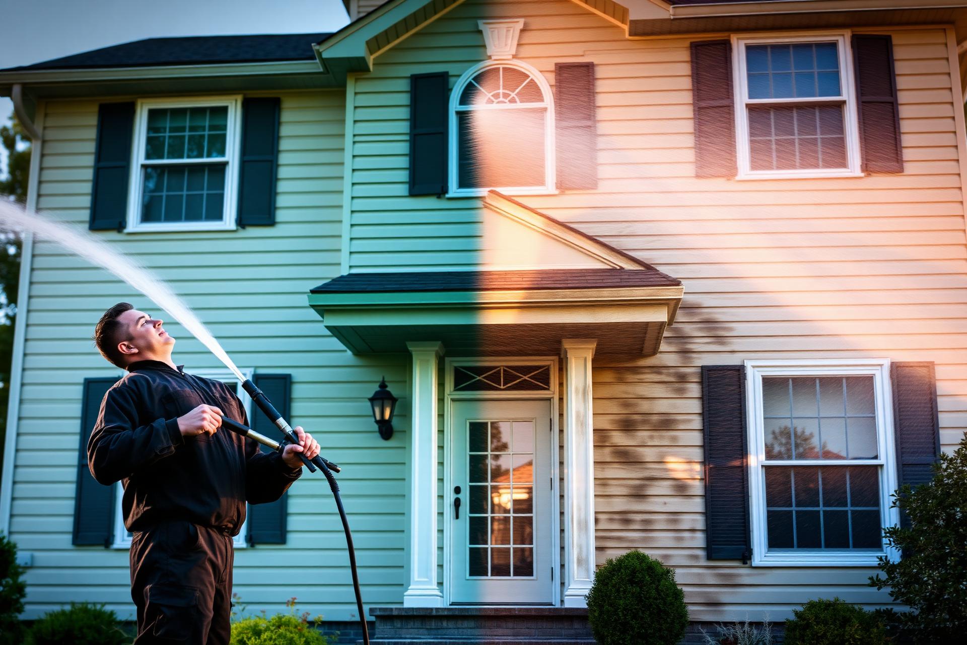 Professional pressure washing a home